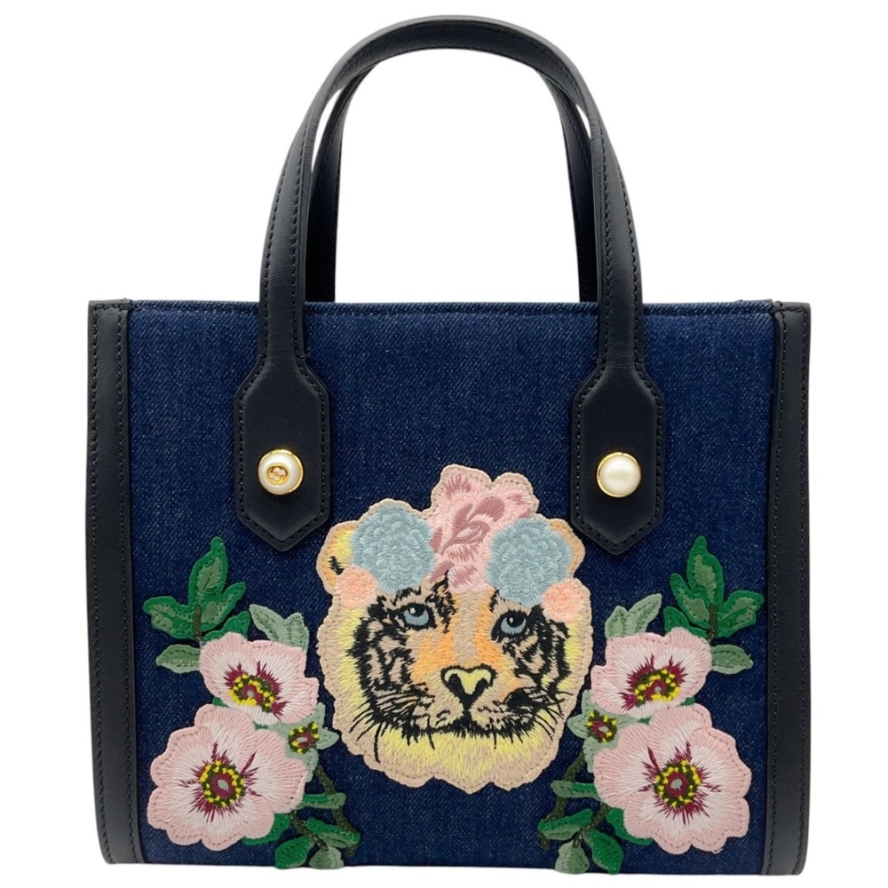 GUCCI DARK BLUE DENIM PEARL EMBELLISHMENT TIGER EMBROIDERED TOTE BAG